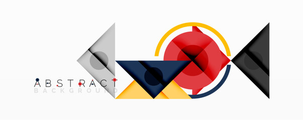 Abstract geometric composition with intersecting triangles, circles, and gradients, creating a dynamic layered pattern with depth and contrast