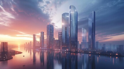 Obraz premium Captivating Urban Skyline at Sunset with Reflective Waters