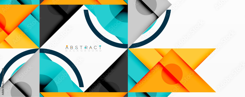Poster Abstract geometric composition with intersecting triangles, circles, and gradients, creating a dynamic layered pattern with depth and contrast
