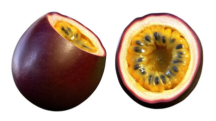A whole passion fruit and a sliced one, showing its bright yellow pulp on a transparent background