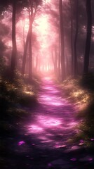 Fototapeta premium Walking Path Through Mystic Forest with Pink Glow and Sunlight