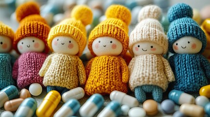 Obraz premium Colorful Dolls in Warm Outfits Surrounded by Various Capsules on Textured Surface --
