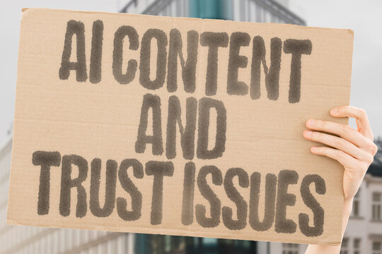 "AI Content and Trust Issues". Highlights problems with AI-generated content and information veracity. VERIFICATION. AUTHENTICITY. CREDIBILITY. INTEGRITY. DISINFORMATION. MANIPULATION. SYNTHESIS