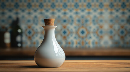 Close-up of handcrafted porcelain bottle with cork top, bright white ceramic surface reflecting ambient daylight, warm wooden tabletop