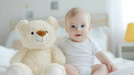 Gentle and Loving Moment of Baby with Teddy Bear in Soft Bedroom Light