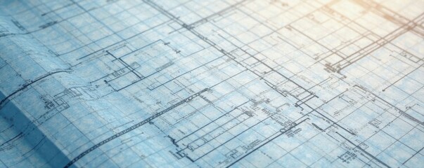 Photo-realistic blueprint image with grid lines on textured paper background, technical drawing, layout, architecture