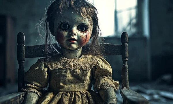 A creepy and haunted vintage doll sits in a wooden rocking chair in a dim room.