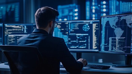 Fototapeta premium A cybersecurity analyst monitoring network traffic, office background with multiple screens and security software, Cyber-tech style