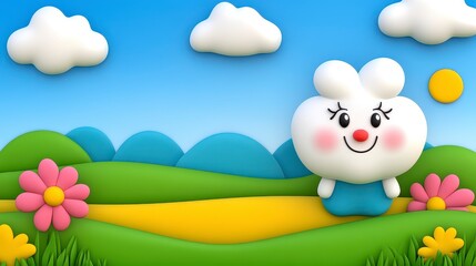 Cartoon Rabbit In Pastel Colored Landscape Illustration