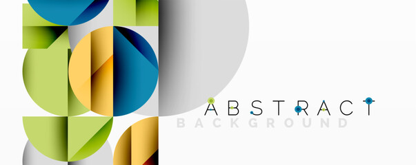 Obraz premium Modern abstract composition with layered circles and angular segments featuring gradients, transparency effects, and a structured geometric layout