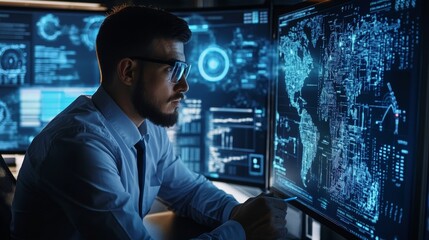 A cybersecurity expert monitoring a network firewall, office background with security systems and data dashboards, Cyber-tech style