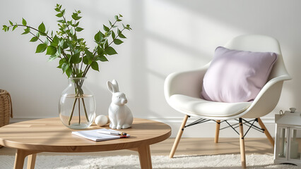 A serene spring living room interior with a minimalist wooden coffee table, a glass vase of fresh leaves, a white bunny easter statue, a chic chair with a round pillow in soft lavender