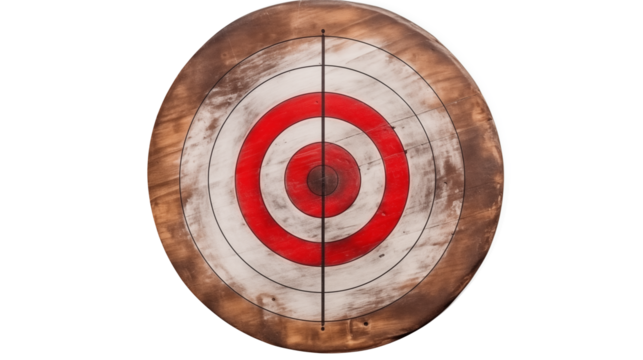 Close up of a wooden target with concentric red circles