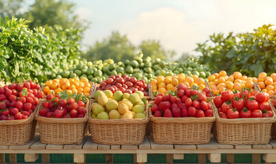 Vibrant Variety of Fresh Fruits in Wicker Baskets Under Sunlight