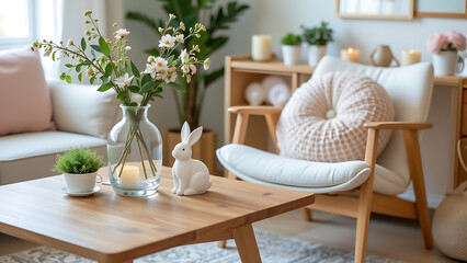 A charming Easter themed living room composition showcasing a wooden coffee table styled with a glass vase holding delicate spring foliage and a whimsical white bunny decoration