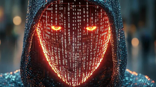 Mysterious figure cloaked shimmering digital fabric, glowing with binary code, evokes captivating sense of futuristic technology