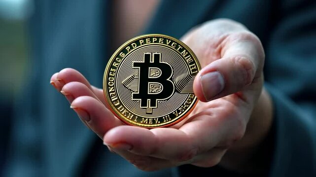The digital currency is bitcoin. A man's hand in a business suit holds a bitcoin coin, pointing it at the camera. Generative 4k video.