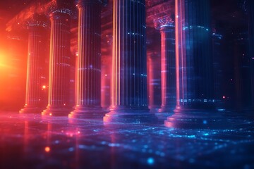 Abstract pillars holding up a strong foundation of marketing strategies in a glowing digital environment