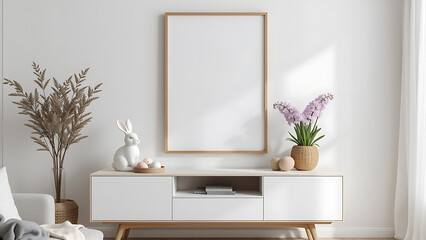A stylish Easter living room composition with a mock up poster frame hanging above a minimalist sideboard, decorated with festive elements like an Easter bunny figurine, fresh hyacinths in a vase