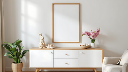 An inviting Easter living room setup with a mock up poster frame positioned above a contemporary sideboard, styled with festive decor including an Easter bunny figurine, blooming hyacinths