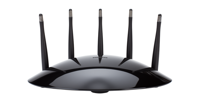 Modern Wi-Fi Router. Isolated on a white background, Black router or access point isolated on white background ,router  Fast internet modem device. Wireless or wired network