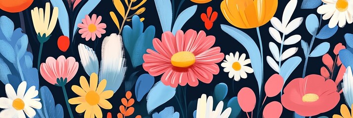 Colorful Floral Illustration with Various Flowers and Leaves on Dark Background