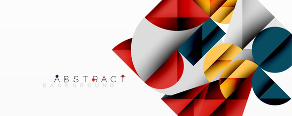 Abstract geometric artwork with overlapping circles and gradients, circle square triangle shapes background featuring sharp angular cuts, smooth shading, and structured layered composition