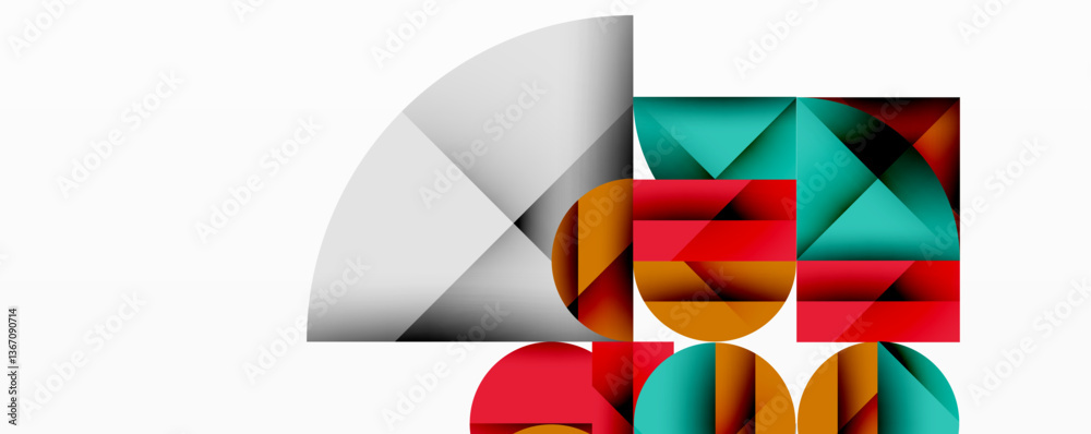 Poster Abstract geometric artwork with overlapping circles and gradients, circle square triangle shapes background featuring sharp angular cuts, smooth shading, and structured layered composition