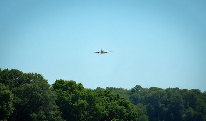 Obraz premium Airplane descends gently over lush green trees under a bright blue summer sky. AI Generated