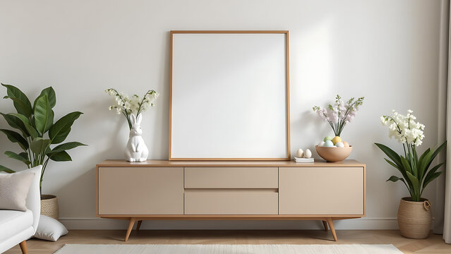 A tastefully arranged Easter living room interior with a modern sideboard serving as the focal point. A blank mock up poster frame leans against the wall, ready for customization