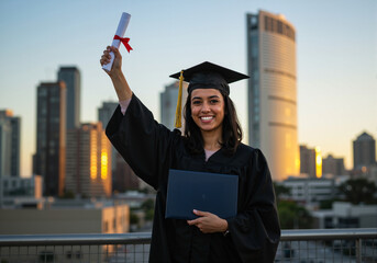 Proud Graduate Holding Diploma with City Skyline