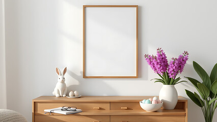 Fototapeta premium A warm easter living room with a mock up poster frame above a wooden sideboard, a cute easter bunny decoration, a ceramic vase with vibrant hyacinth flowers, a stylish bowl holding pastel eggs