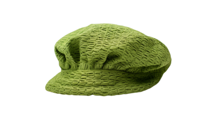 A green woven cap with a short brim on a black background