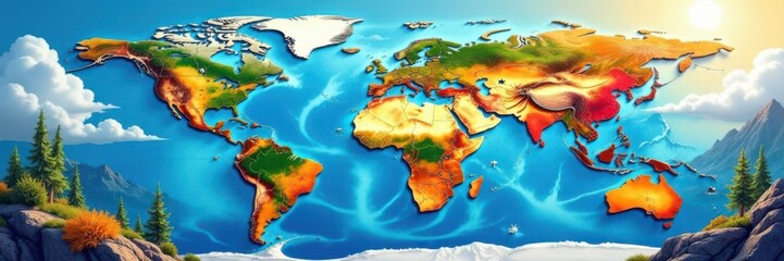 Vibrant colorful illustration of the world with diverse landscapes and climates, geography, continents