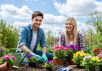 Fototapeta premium Couple Planting Flowers in Spring Garden