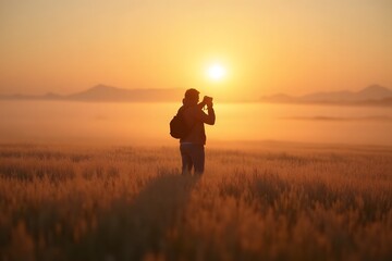 A photographer stands knee-deep in a misty oat field at sunrise, adjusting their camera for the perfect shot. 