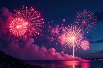 Vibrant colors explode across the sky with fireworks bursting into multiple shapes and patterns, burst, patterns, explosion