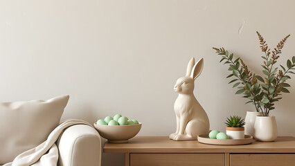 A minimal spring living room interior with ample copy space, featuring a beige wall adorned with subtle stucco texture for a clean and elegant backdrop