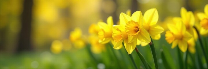 Obraz premium Vibrant yellow daffodils sway gently in the breeze, flowers, landscape, wildflowers