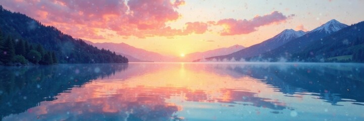 Fototapeta premium Watercolor texture overlay on a serene lake at dawn, mist, dawn