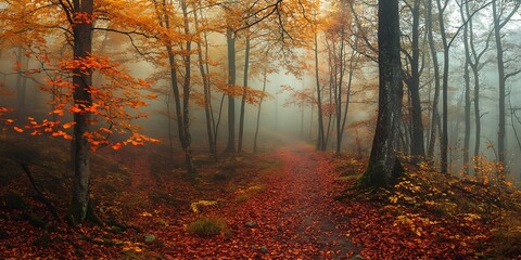 Obraz premium a path through a forest with orange leaves