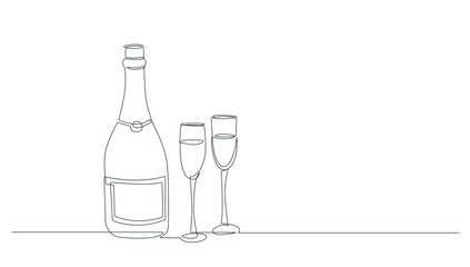 Wine Glasses and Wine Bottle One Line Drawing. Glass of Wine Abstract Minimal Simple Linear Drawing. Drink Concept Continuous One Line Illustration. Modern Trendy Contour Drawing. Vector EPS 10.