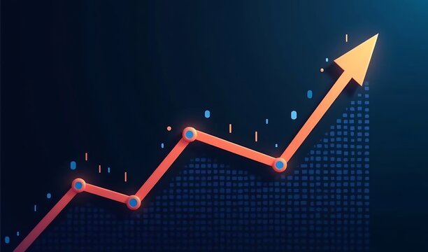 Dynamic upward trending graph glowing brightly against dark blue background. AI Generated
