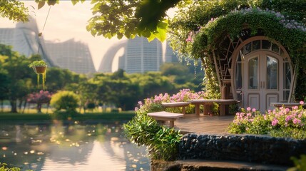 Naklejka premium A serene eco-friendly house led in a lush park overlooks a futuristic city skyline at sunrise, showcasing a harmonious blend of nature and advanced urban design, perfect for