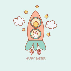 Easter rocket with bunny and chick pastel kawaii nursery clipart doodle hand drawn outline art