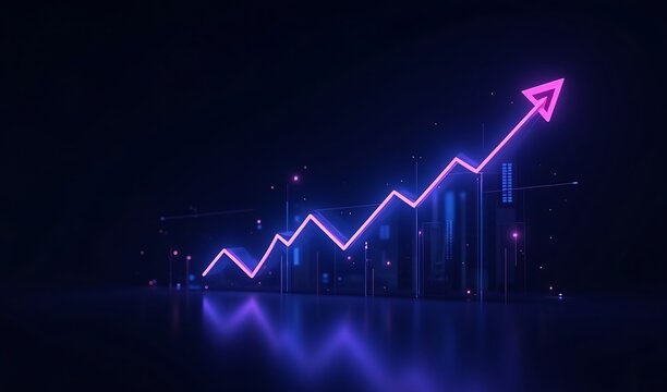 Glowing upward neon arrow graph powerfully ascends over futuristic city reflecting vibrant purple light. AI Generated