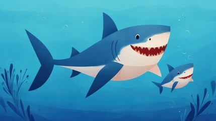 cartoon of a big shark and small shark swimming together in gradient blue ocean, playful children's illustration style