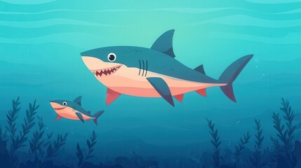 Fototapeta premium cartoon of a big shark and small shark swimming together in gradient blue ocean, playful children's illustration style