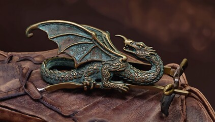 Bronze dragon figurine on a leather background