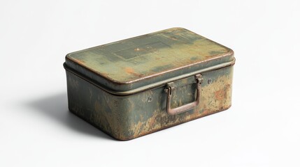 An aged metal box with a faded green finish. It sits on a neutral background. This image evokes nostalgia and curiosity. A perfect addition to any collection. Generative AI